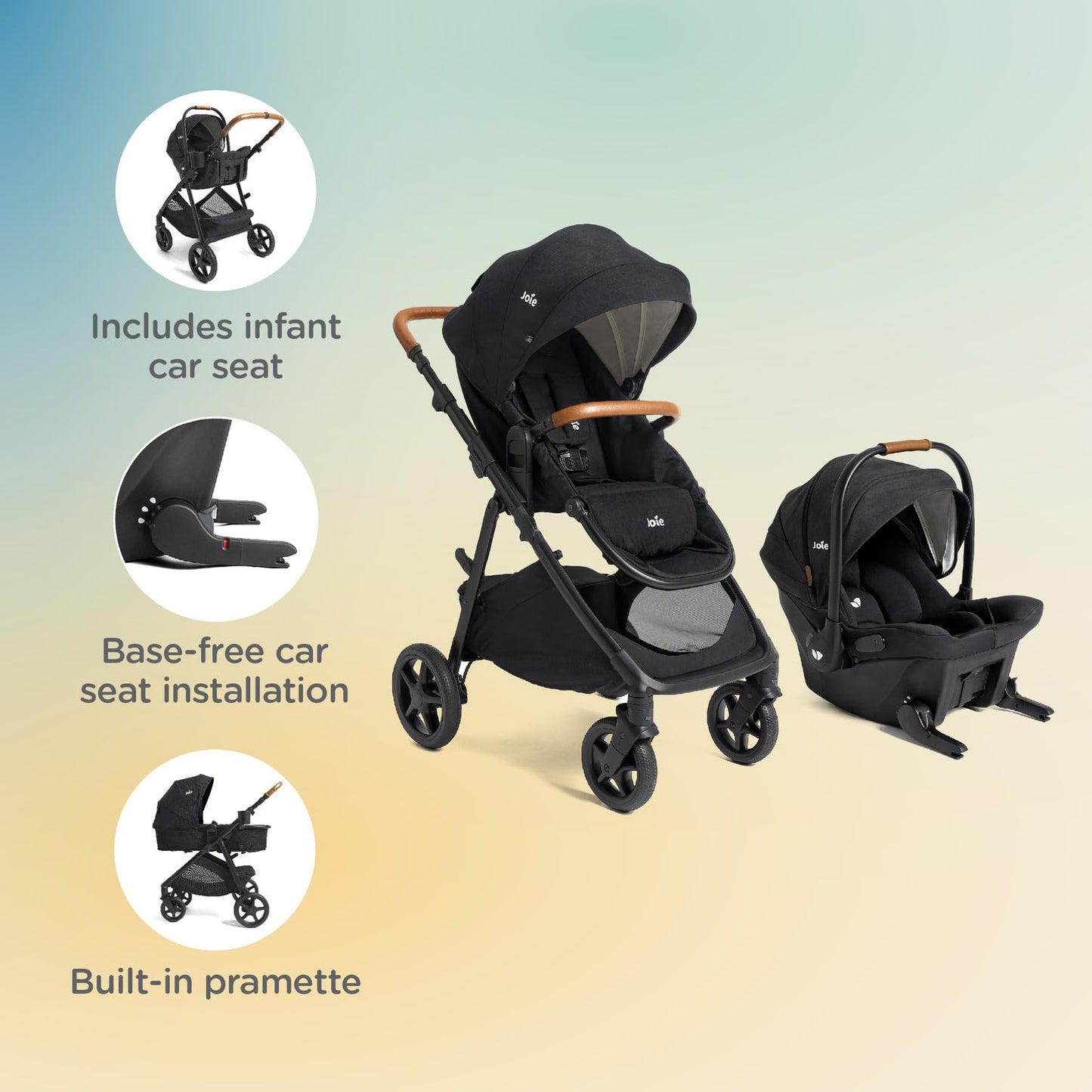 Joie Ginger and Mint Latch Travel System in Shale Dark with infant car seat, stroller, and all-terrain wheels for easy outdoor travel