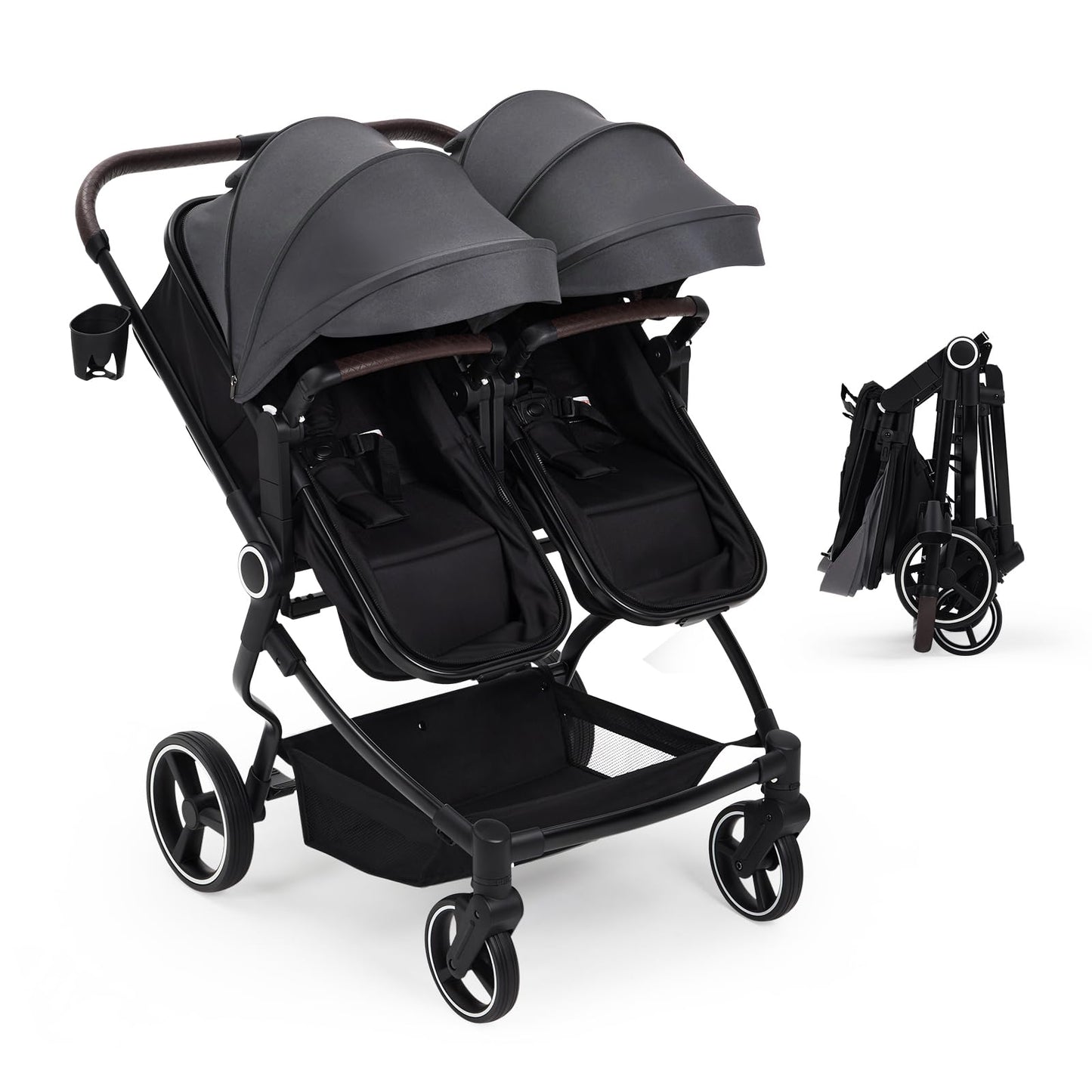 Pink double stroller for newborn and toddler with adjustable recline, canopy, lightweight fold, and parent cup holders.