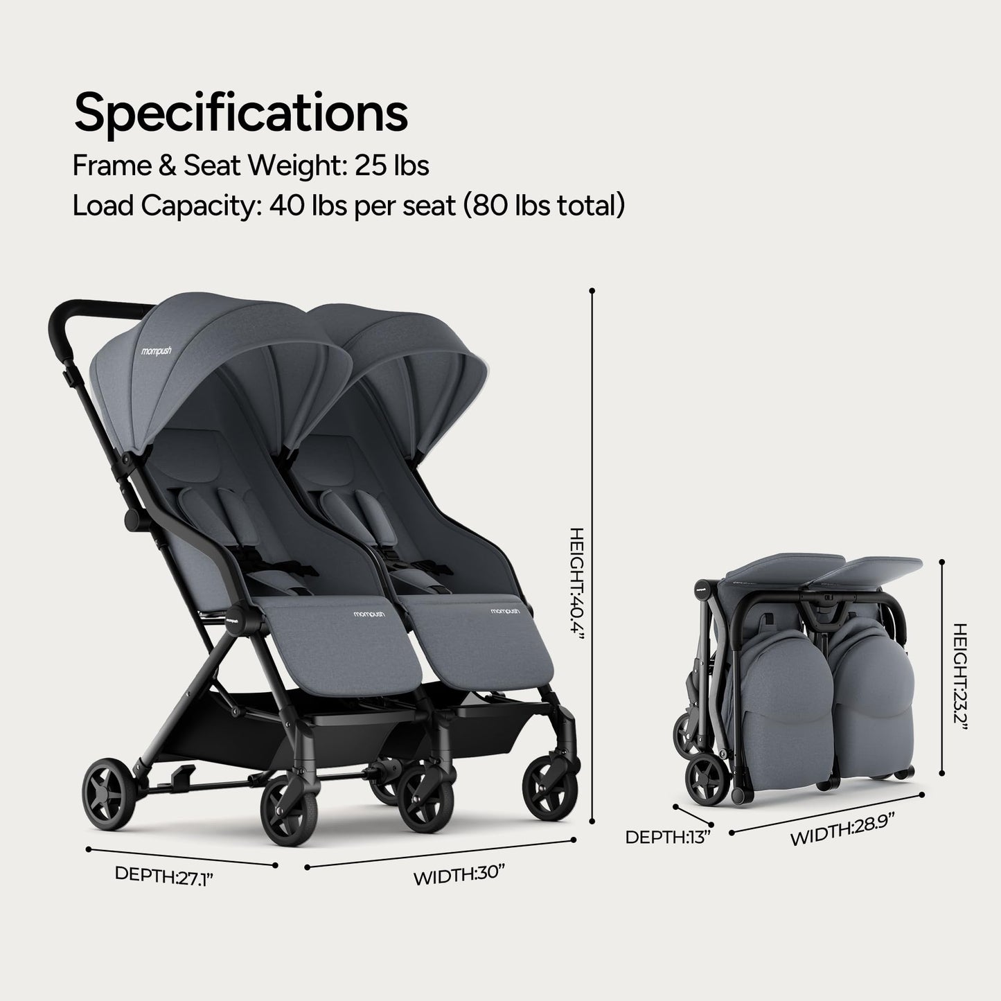 Mompush Lithe double stroller with lightweight design, spacious seats, recline feature, and UPF50+ canopy for newborn and toddler.