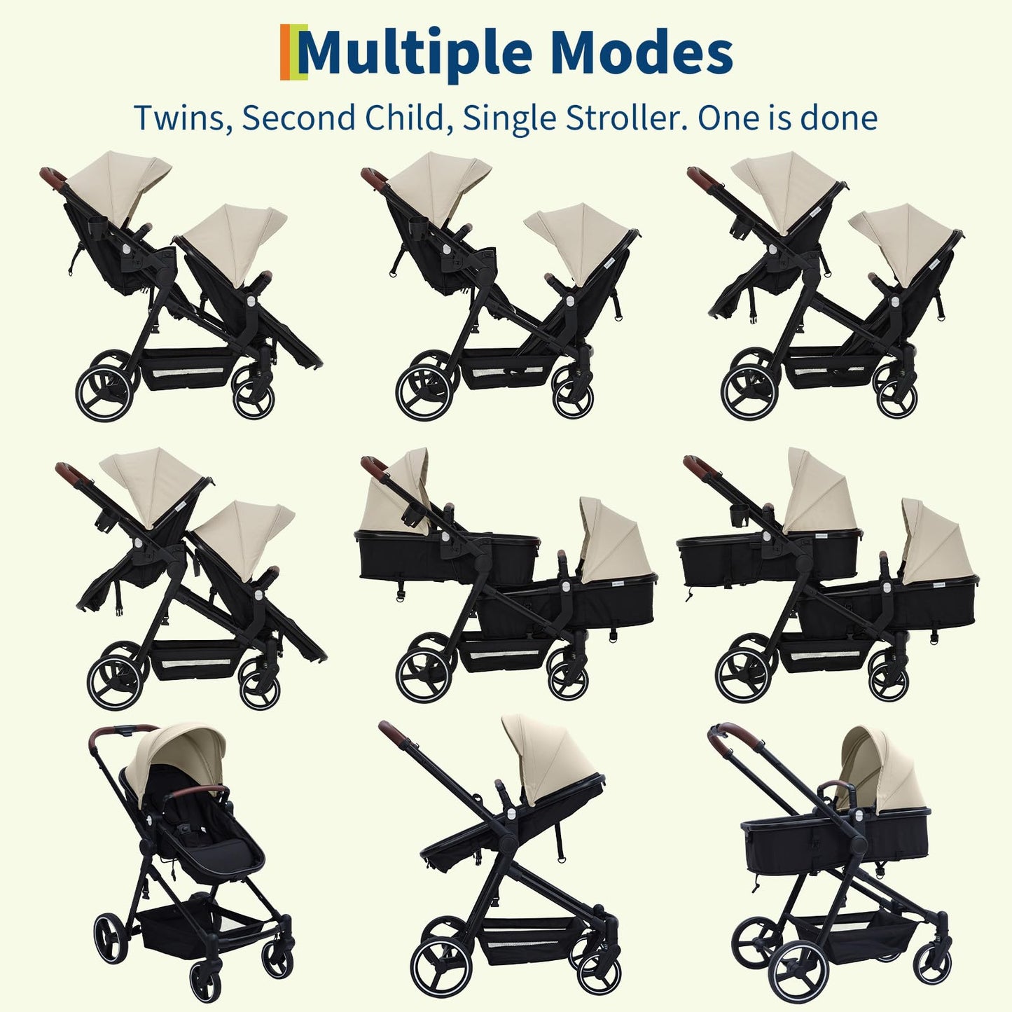 Dark grey tandem double stroller with reversible seats, adjustable canopy, large storage basket, and one-hand fold for twins.