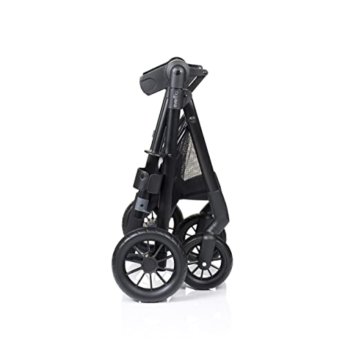 Evenflo Pivot Modular Travel System with SafeMax Car Seat featuring stroller frame, adjustable seat, and car seat attachment.