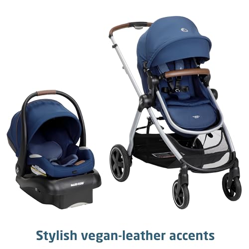Maxi-Cosi Zelia Luxe 5-in-1 modular travel system with stroller, car seat, and accessories for versatile baby travel.