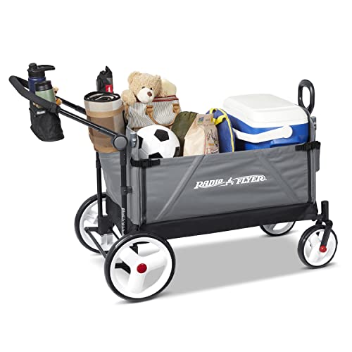 Red Radio Flyer wagon for kids and toddlers, convertible stroller and rolling beach cart with wheels for outdoor play.