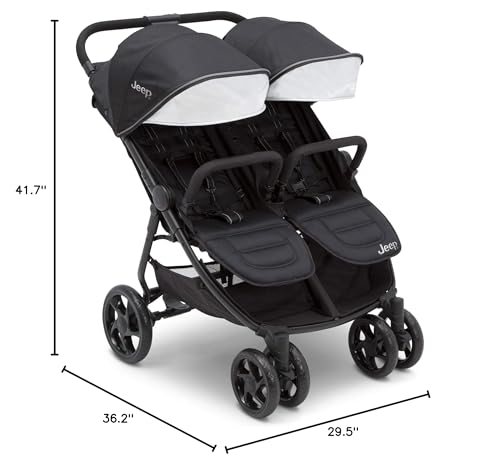 Jeep Destination Ultralight Side-by-Side Double Stroller in Midnight with two seats and adjustable canopy for toddlers.