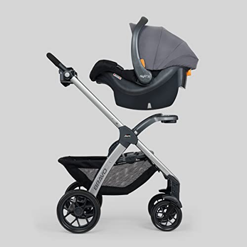 Chicco Bravo 3-in-1 travel system with quick-fold stroller, KeyFit 30 infant car seat, and base in Camden/Black color.