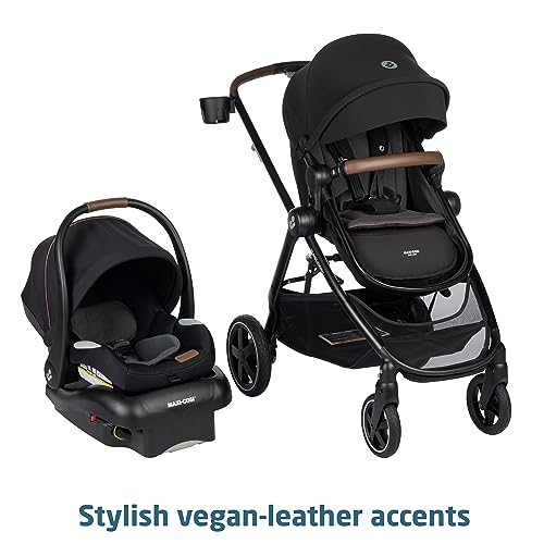 Maxi-Cosi Zelia Luxe 5-in-1 modular travel system with stroller, car seat, and accessories for versatile baby travel.