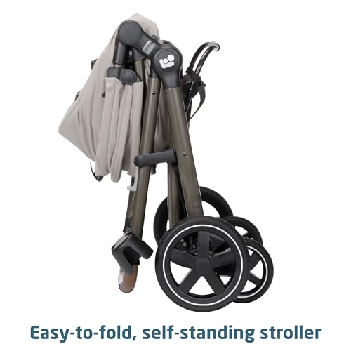Maxi-Cosi Zelia Luxe 5-in-1 travel system with stroller and car seat, featuring a sleek design and adjustable components.