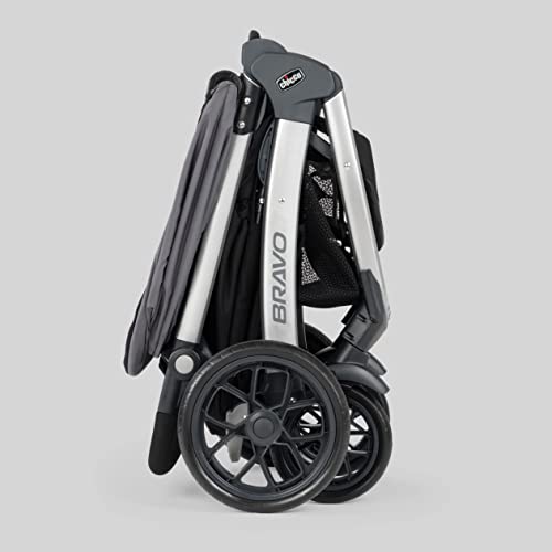 Chicco Bravo 3-in-1 travel system with quick-fold stroller, KeyFit 30 infant car seat and base in Camden/Black, showing car seat and stroller setup.