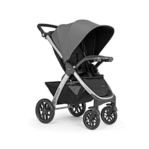Chicco Bravo 3-in-1 travel system with quick-fold stroller, KeyFit 30 infant car seat, and base in Camden/Black color.