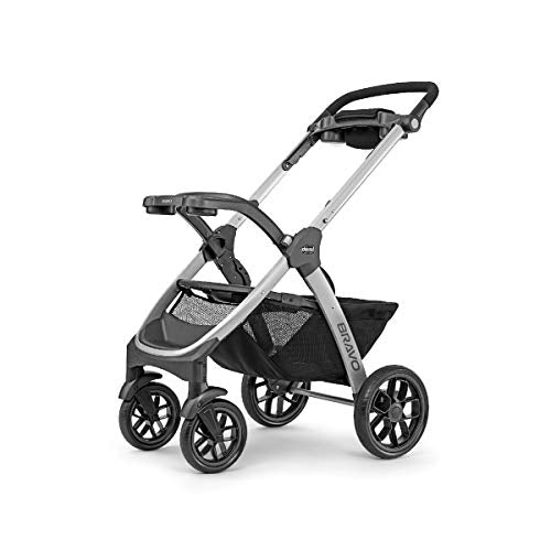 Chicco Bravo 3-in-1 travel system with quick-fold stroller, KeyFit 30 infant car seat, and base on a Camden/Black background.