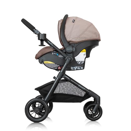 Evenflo Pivot Modular Travel System with LiteMax Preemie and Infant Car Seat in casual gray, featuring stroller and car seat components.