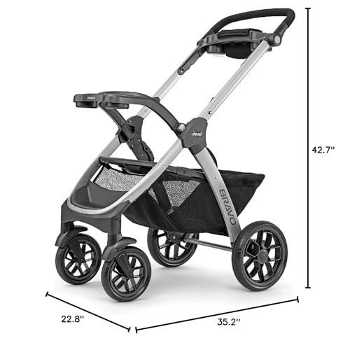 Chicco Bravo 3-in-1 travel system with quick-fold stroller, KeyFit 30 infant car seat, and matching base in Camden/Black.