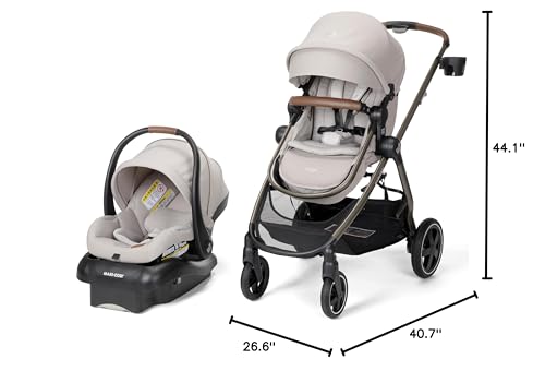 Maxi-Cosi Zelia Luxe 5-in-1 modular travel system with stroller and car seat, featuring adjustable handle and spacious storage.