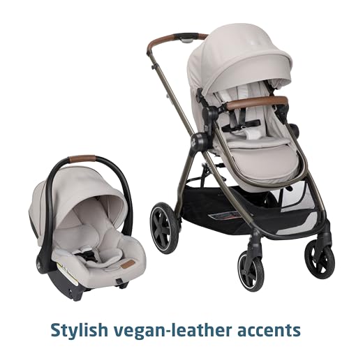 Maxi-Cosi Zelia Luxe 5-in-1 travel system with stroller, car seat, and accessories in stylish gray fabric.