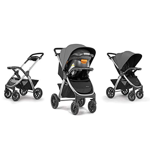 Chicco Bravo 3-in-1 travel system with quick-fold stroller, KeyFit 30 infant car seat, and base in Camden/Black.