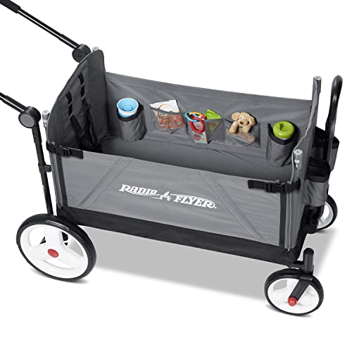 Red Radio Flyer wagon for kids, convertible stroller and rolling beach cart with wheels, suitable for toddlers ages 1+ years.