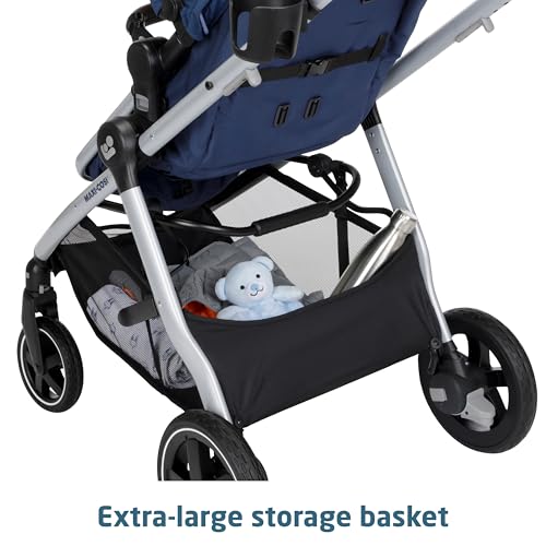 Maxi-Cosi Zelia Luxe 5-in-1 modular travel system with stroller and car seat, featuring a black frame and fabric, ready for travel.