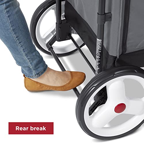 Red Radio Flyer wagon for kids, convertible stroller and rolling beach cart with wheels, suitable for toddlers aged 1+ years.