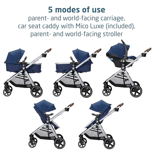 Maxi-Cosi Zelia Luxe 5-in-1 modular travel system with stroller, car seat, and accessories in a versatile design