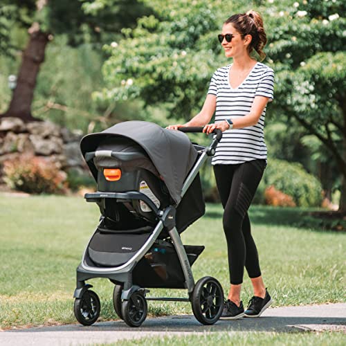 Chicco Bravo 3-in-1 travel system with quick-fold stroller, KeyFit 30 infant car seat, and base in Camden/Black color.