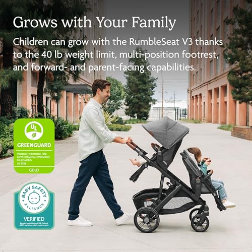 UPPAbaby RumbleSeat V3 second lower all-weather seat with magnetic buckle on silver frame, chestnut leather, compatible with Vista V2 and V3.