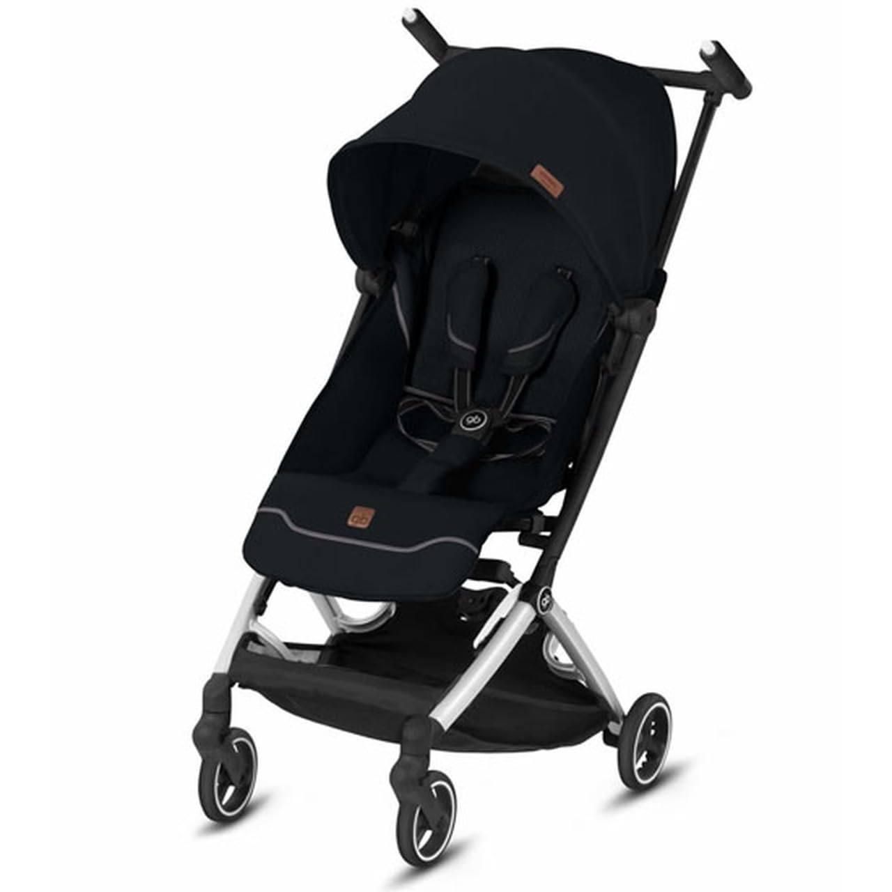 My Store gb Pockit+ All-Terrain lightweight travel stroller with canopy and reclining seat in Velvet Black, shown folded and open.