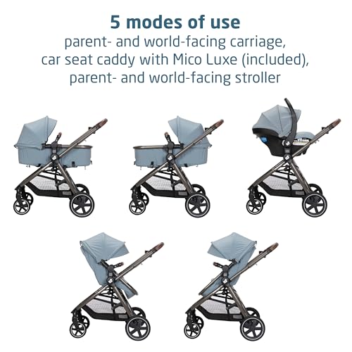 Maxi-Cosi Zelia Luxe 5-in-1 modular travel system with stroller, car seat, and accessories for babies and toddlers.