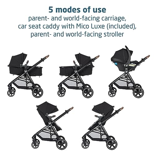 Maxi-Cosi Zelia Luxe 5-in-1 modular travel system with stroller and car seat, designed for versatile baby travel and convenience.