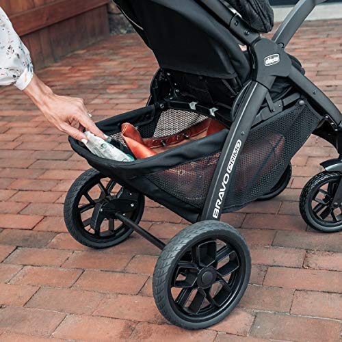 Chicco Bravo 3-in-1 travel system with quick-fold stroller, KeyFit 30 infant car seat, and base in Camden/Black color.