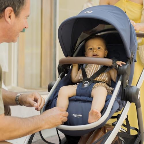Maxi-Cosi Zelia Luxe 5-in-1 travel system with stroller, car seat, and accessories, designed for versatile baby travel and comfort.