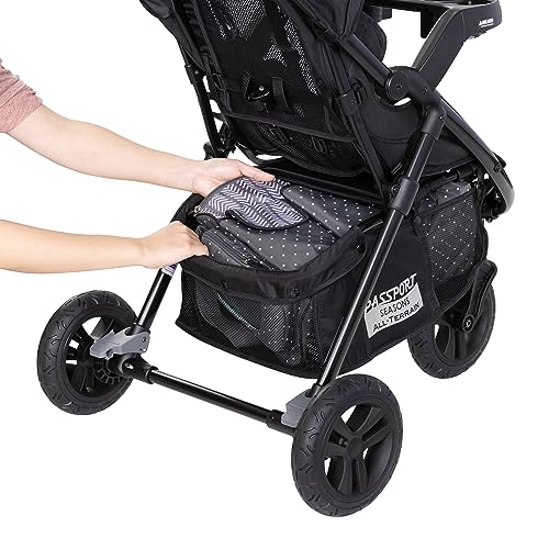 Baby Trend Passport cargo stroller with pink bamboo fabric and EZ-Lift Plus infant car seat, featuring a sturdy frame and smooth wheels.