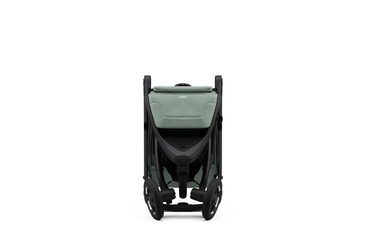 Lightweight Thule Spring 2 single child stroller with ventilated canopy and adjustable handlebar, shown in a compact fold.