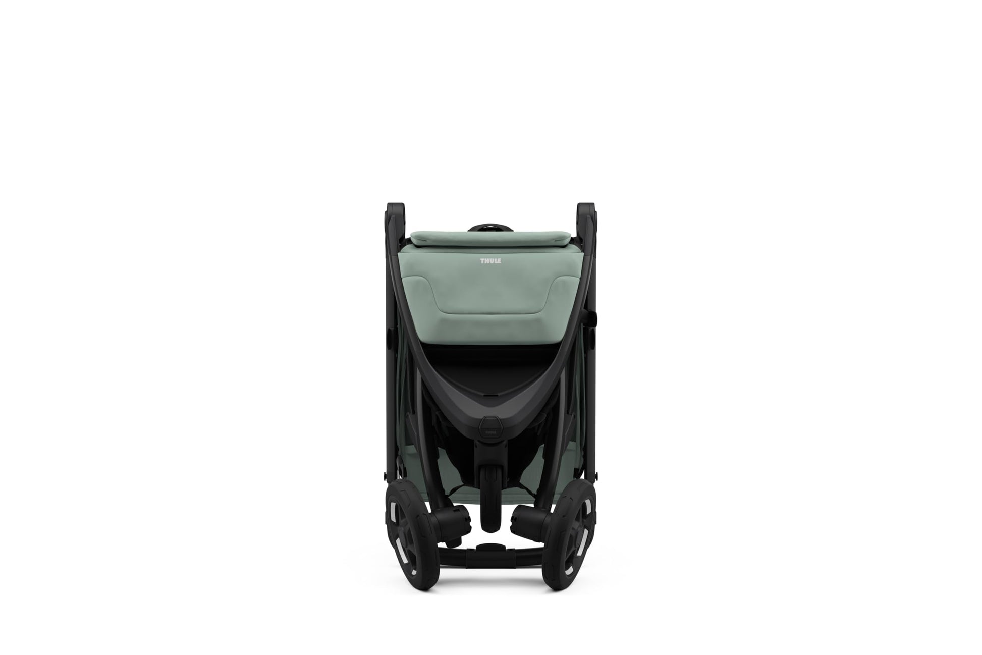 Lightweight Thule Spring 2 single child stroller with ventilated canopy and adjustable handlebar, shown in a compact fold.
