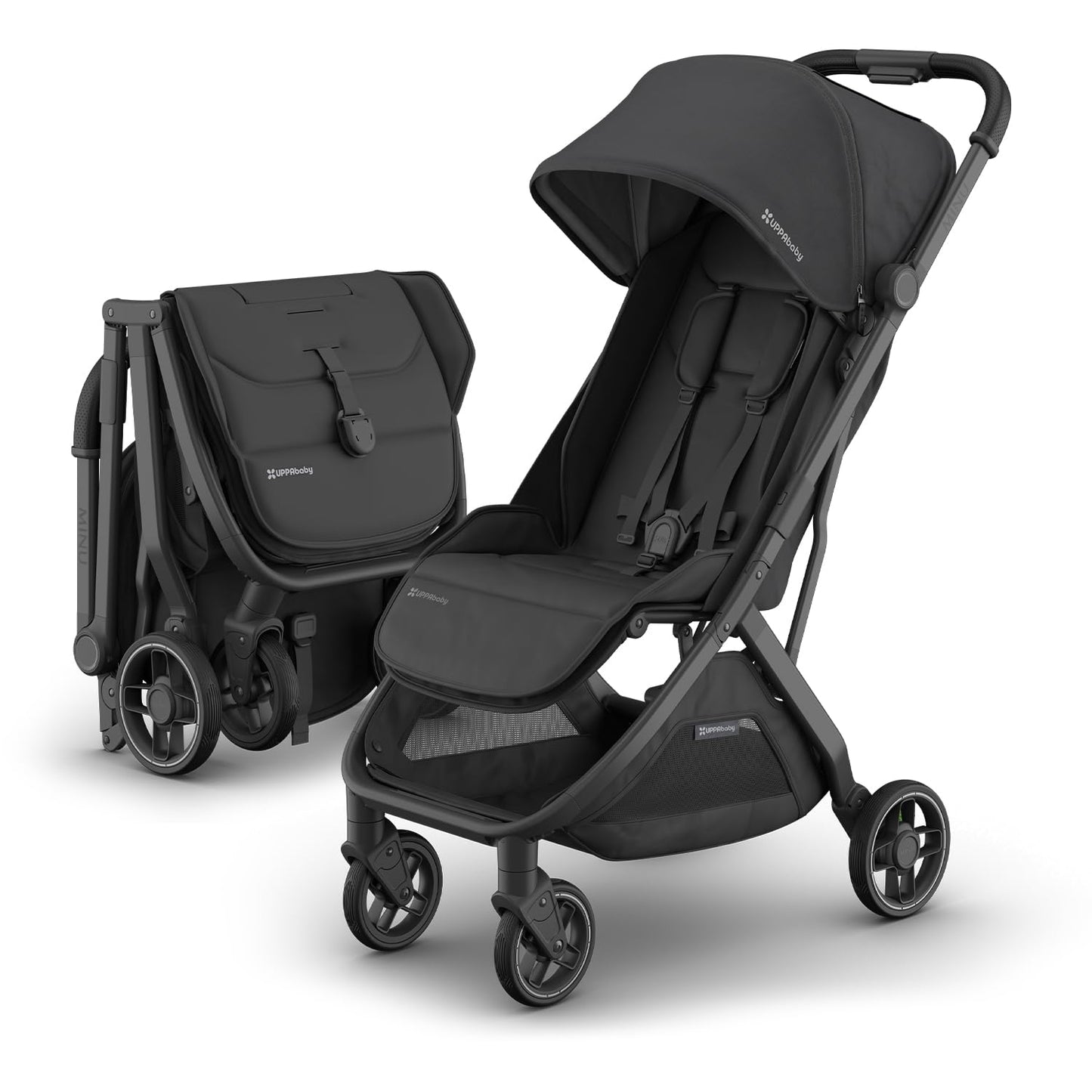 UPPAbaby Minu V3 lightweight travel stroller in greyson with charcoal frame, saddle leather accents, one-hand fold, suitable from birth