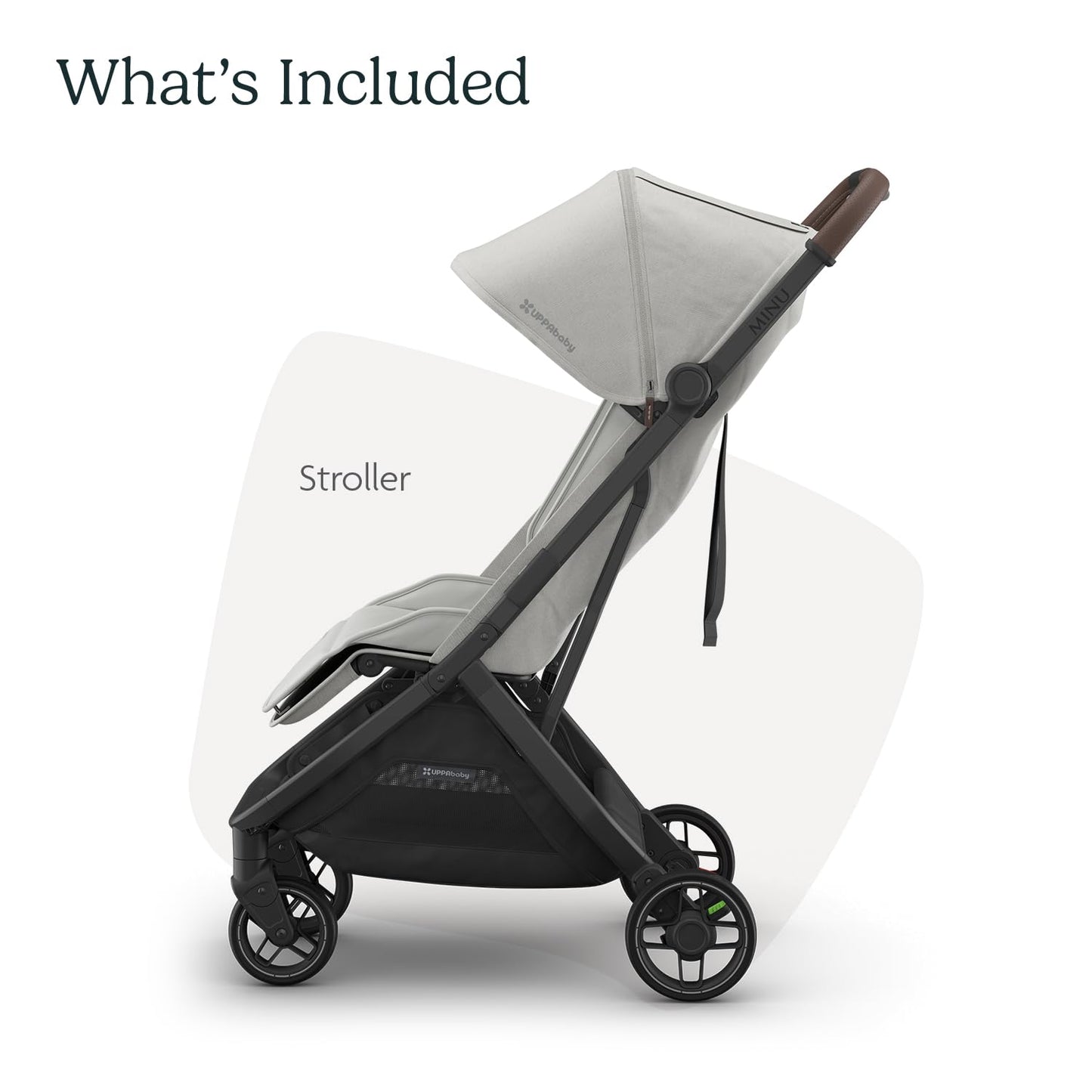 UPPAbaby Minu V3 travel stroller in greyson with charcoal frame and saddle leather, lightweight, compact, one-hand fold, suitable from birth