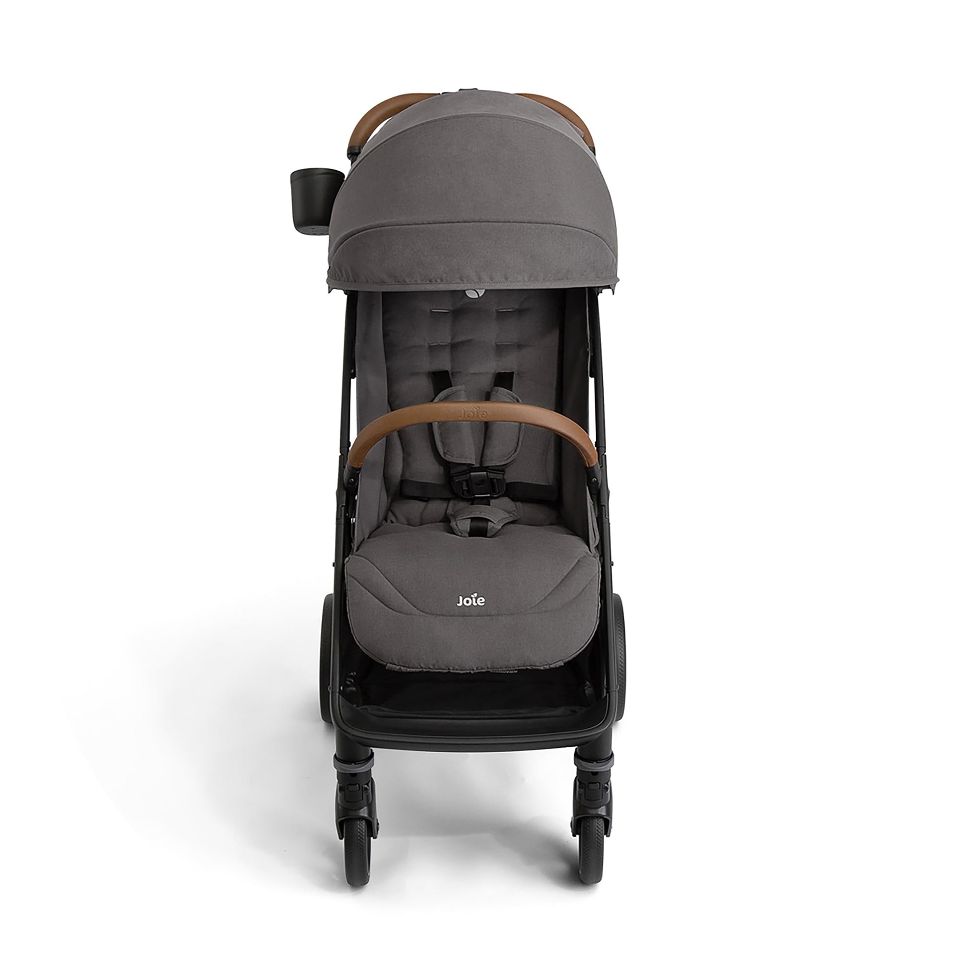 Joie Nutmeg compact lightweight stroller in shale color, featuring one-hand fold and ergonomic design.