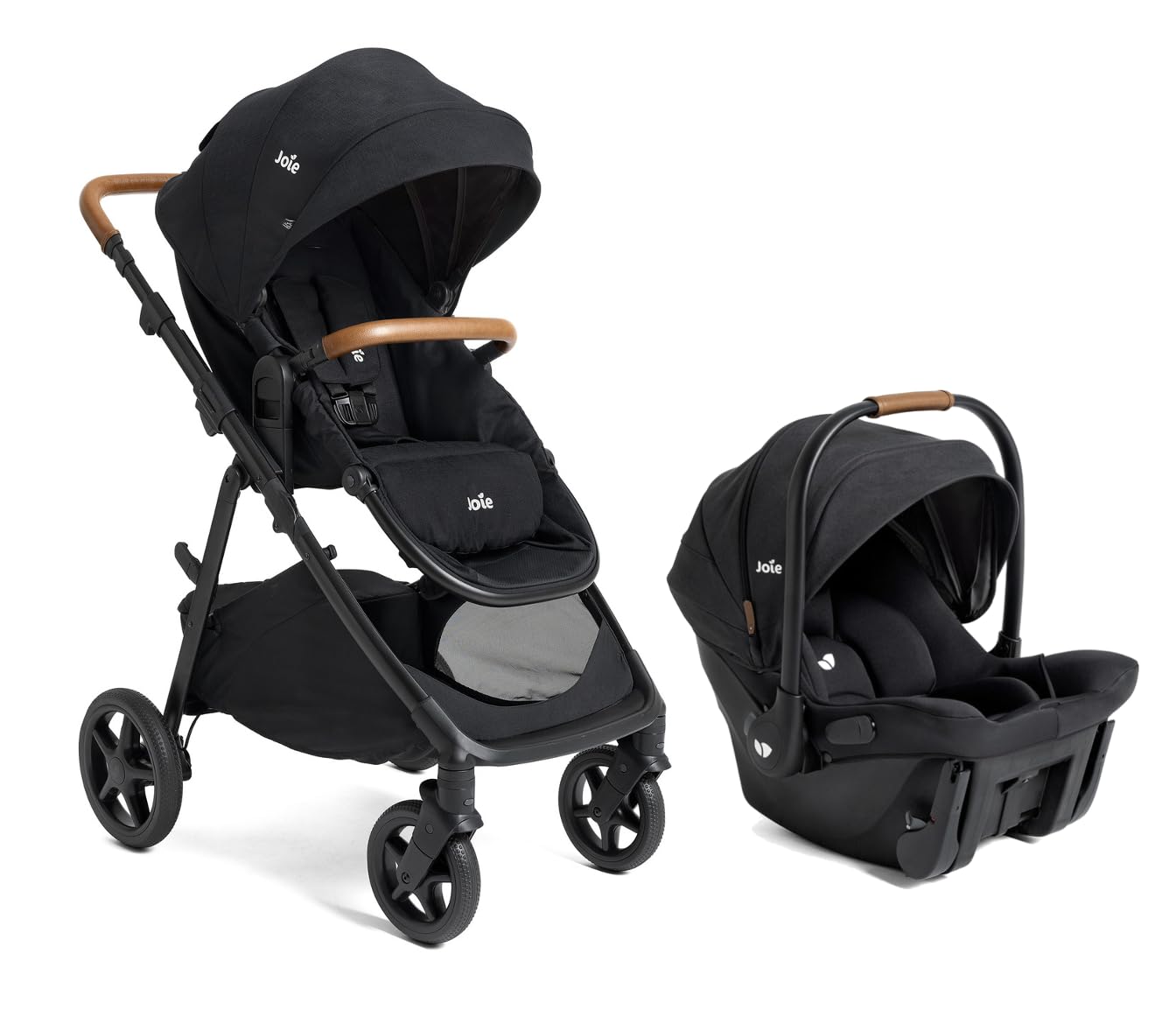 Joie Ginger and Mint 4-in-1 travel system with infant car seat, stroller, and all-terrain wheels in shale dark, built-in Latch system