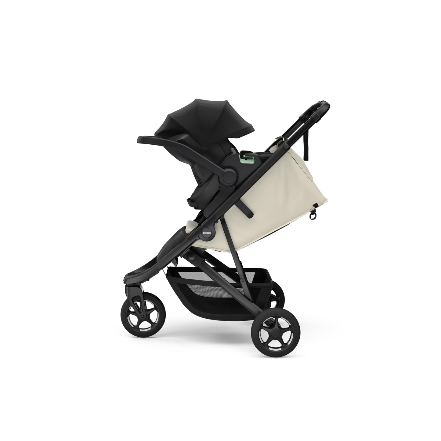 Thule Spring 2 single child stroller with ventilated canopy, adjustable handlebar, lightweight design, and compact fold.