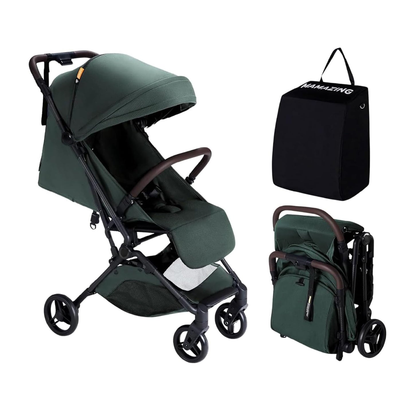Lightweight MAMAZING Ultra Air baby travel stroller with carbon fiber frame, compact design, one-handed fold, suitable for toddlers.