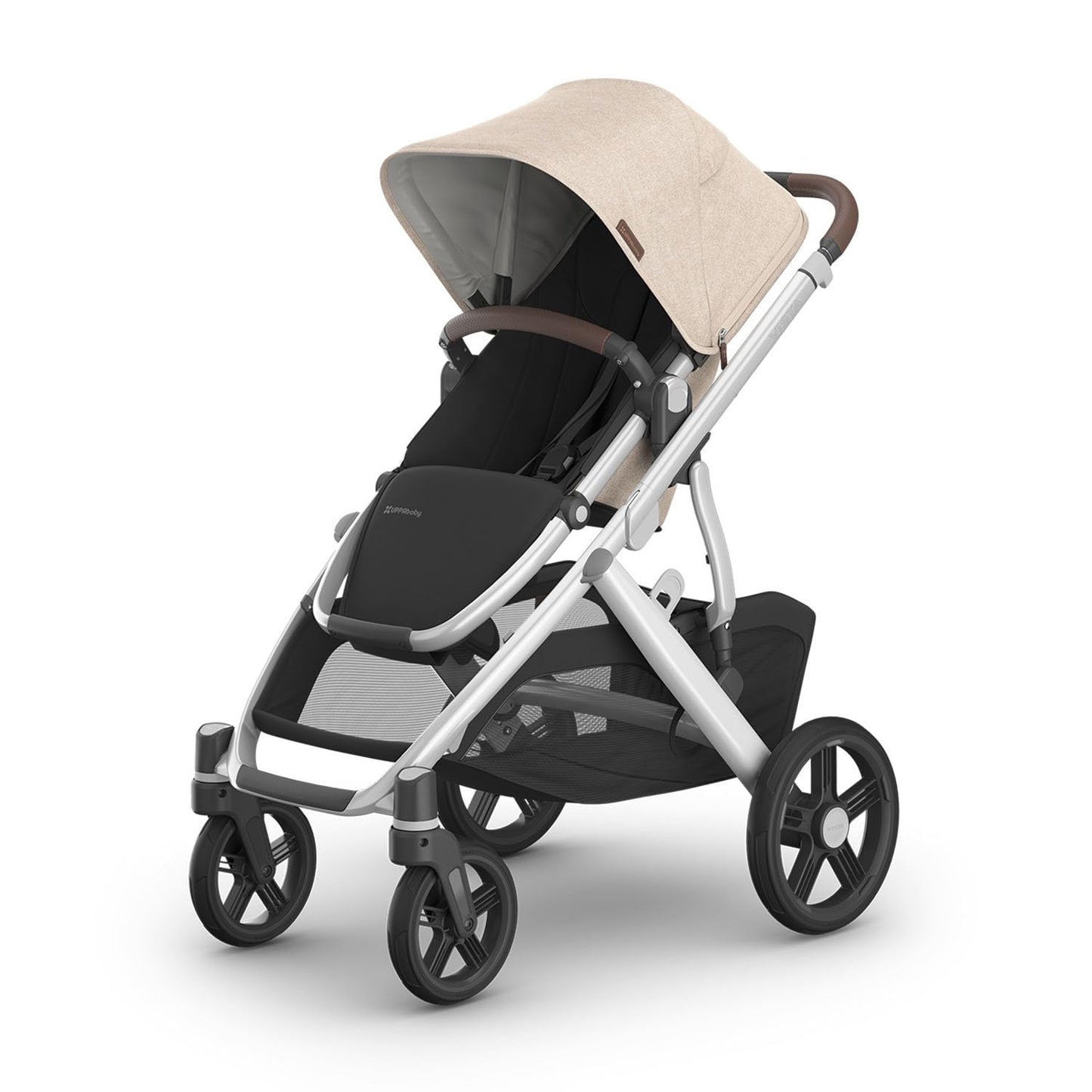 UPPAbaby Vista V3 stroller for baby and toddler with charcoal frame, all-wheel suspension, and large storage basket, configured for travel.