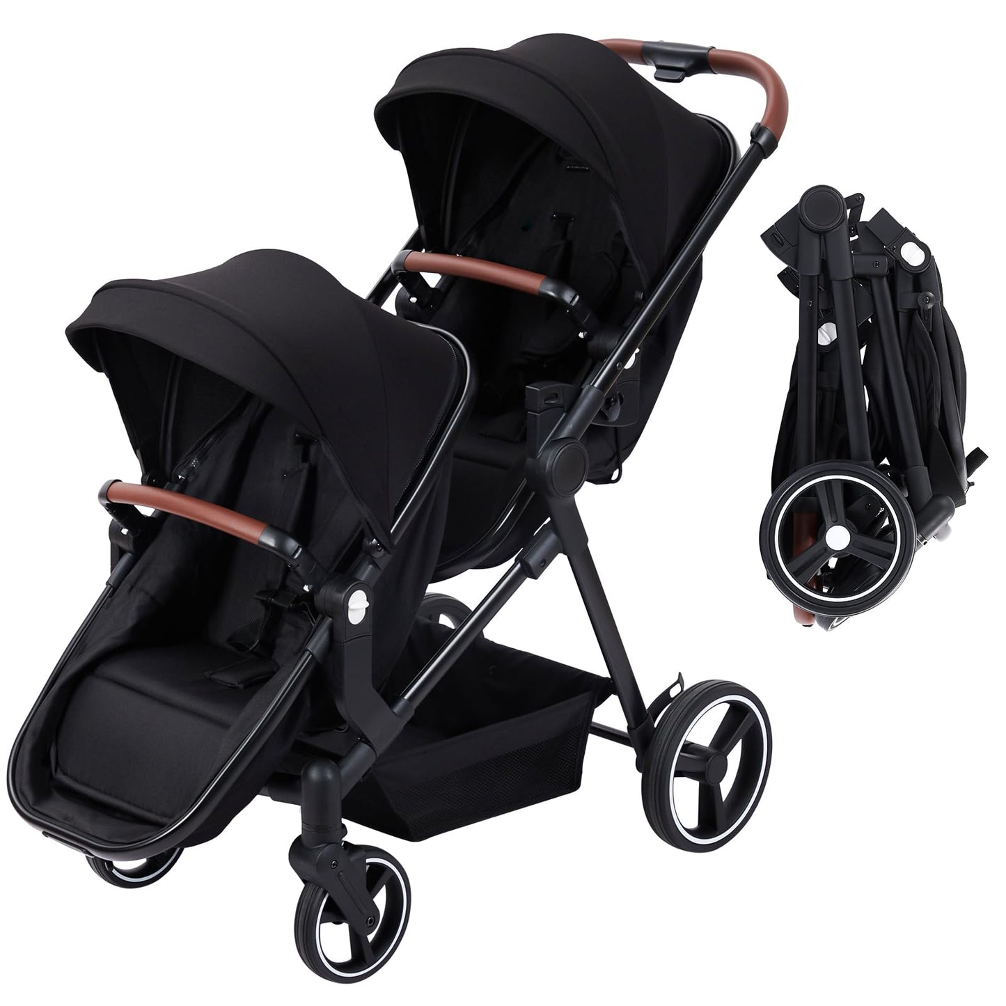 Black tandem stroller with reversible seats, adjustable canopies, one-hand fold, large storage basket, for newborns and toddlers.