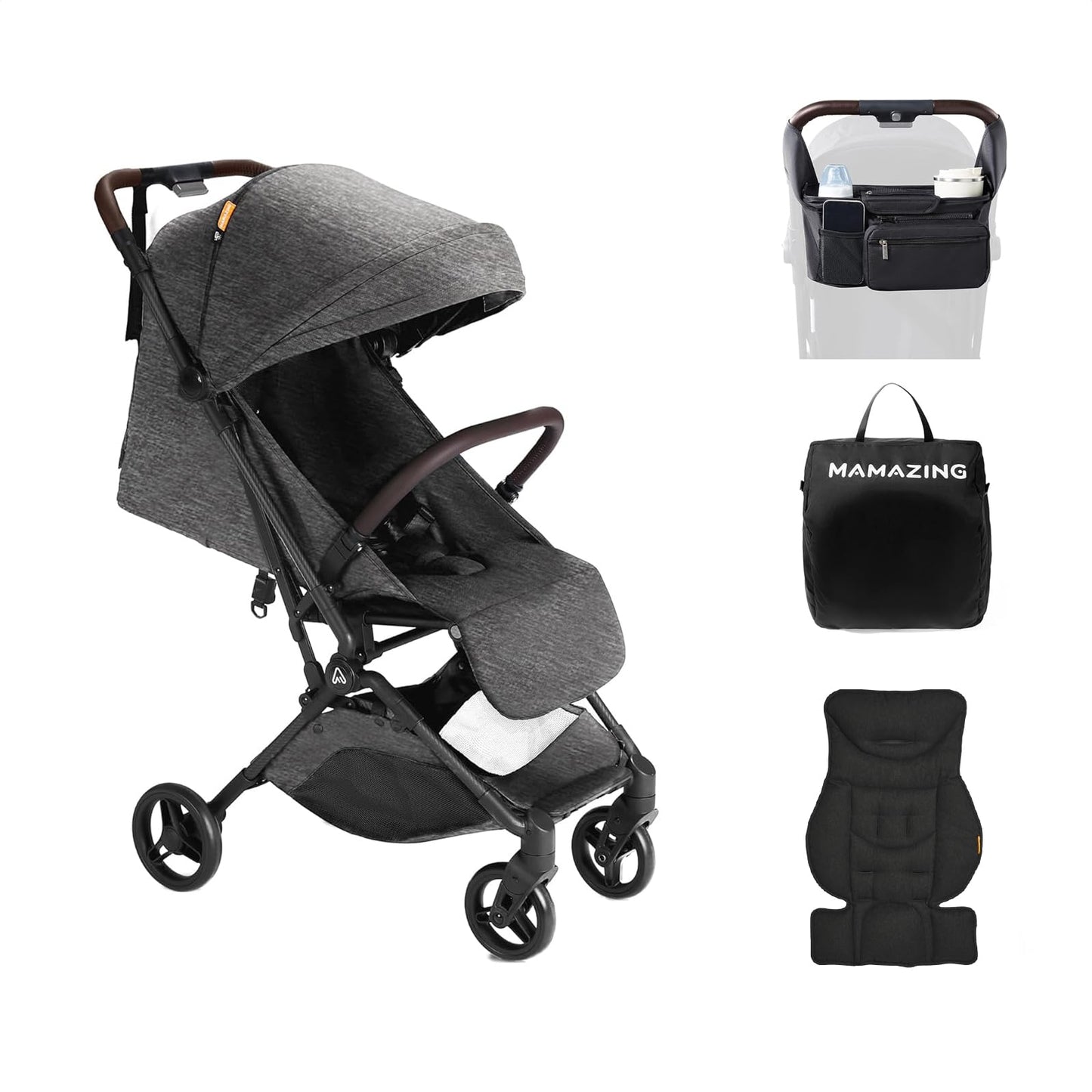 Lightweight MAMAZING Ultra Air baby travel stroller with carbon fiber frame, compact, one-handed fold, suitable for toddlers, airplane-friendly
