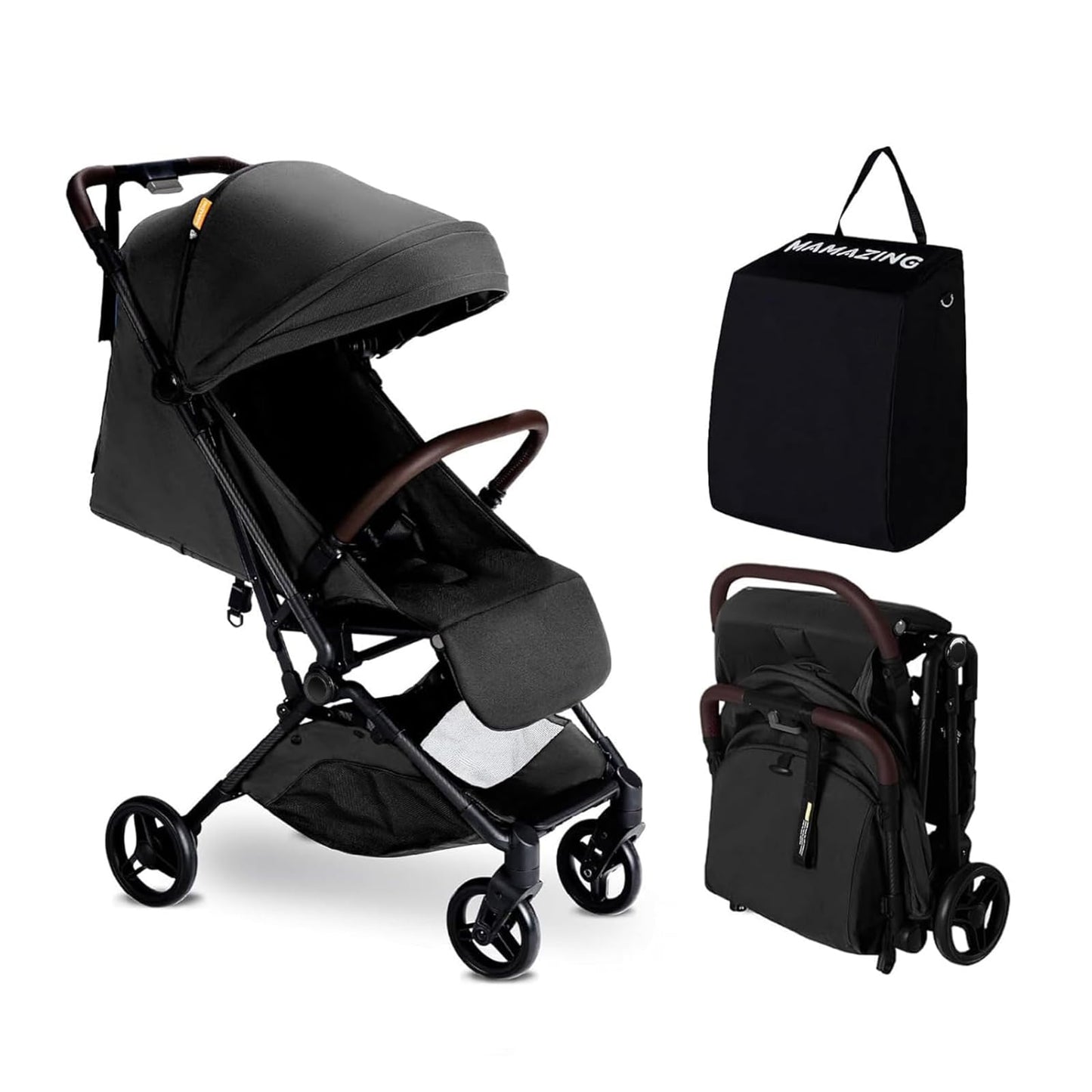 Lightweight MAMAZING Ultra Air baby travel stroller with carbon fiber frame, one-handed fold, compact design for toddlers.