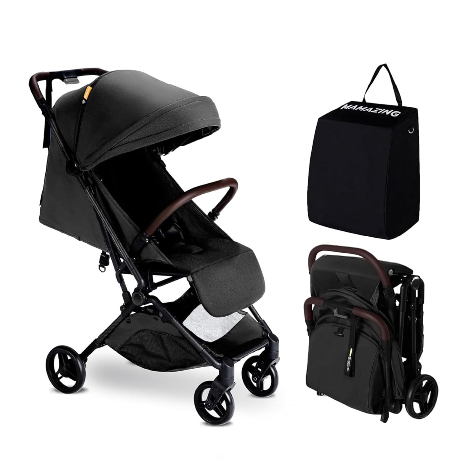 Lightweight MAMAZING Ultra Air baby travel stroller with carbon fiber frame, compact fold, suitable for toddlers, airplane-friendly design