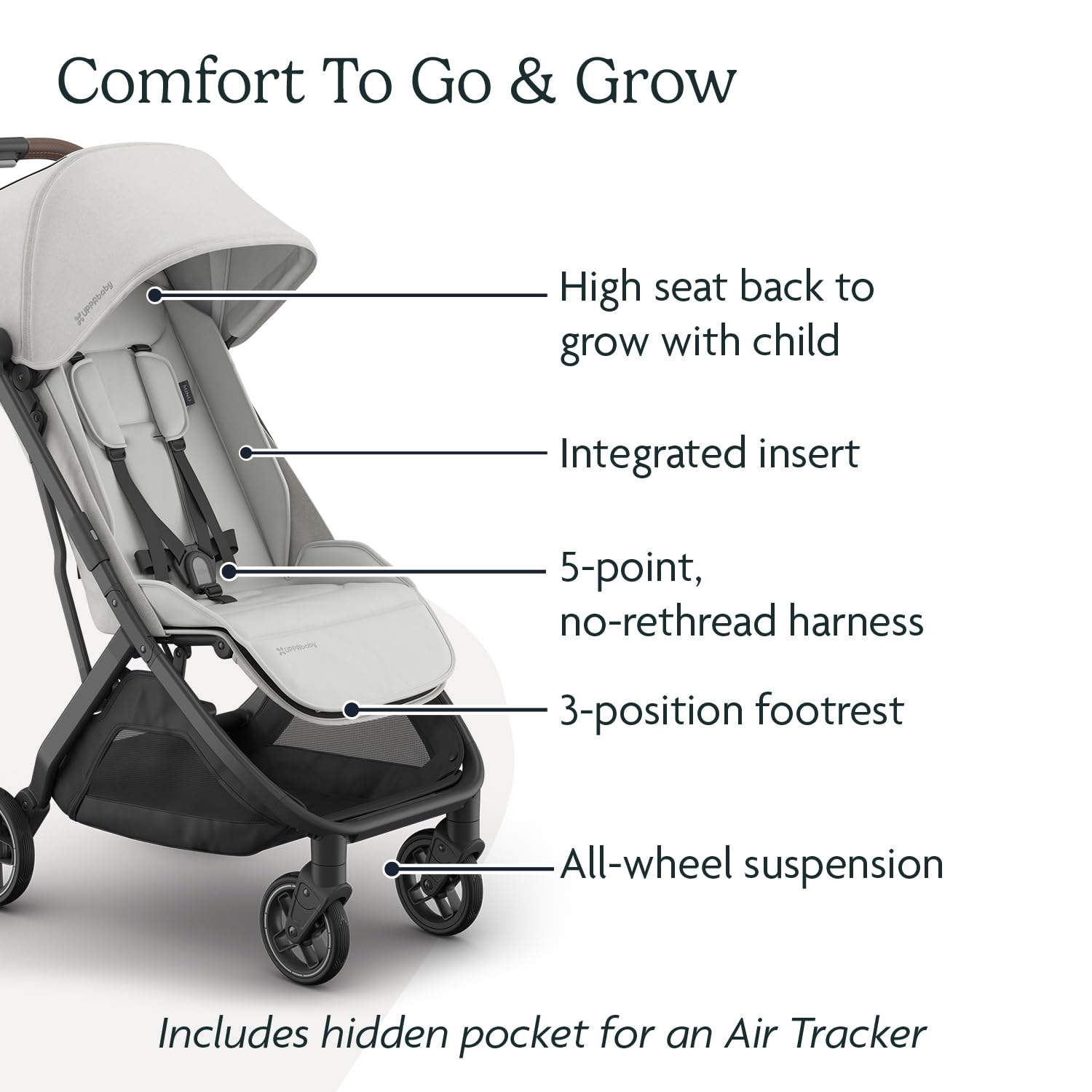 UPPAbaby Minu V3 travel stroller in greyson color with charcoal frame and saddle leather, showcasing its lightweight, compact design.