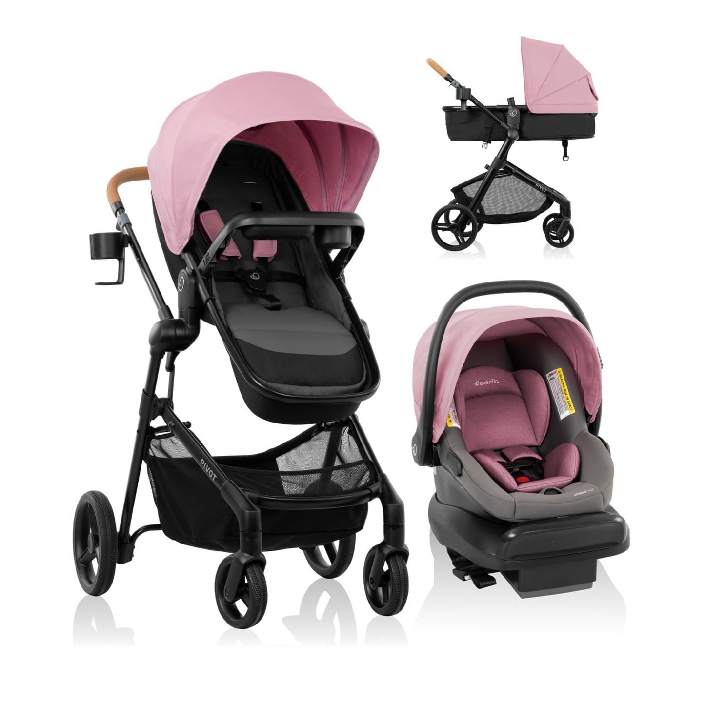 Evenflo Pivot NXT travel system with LiteMax NXT infant car seat in latte tan, stroller and car seat combo for infants.