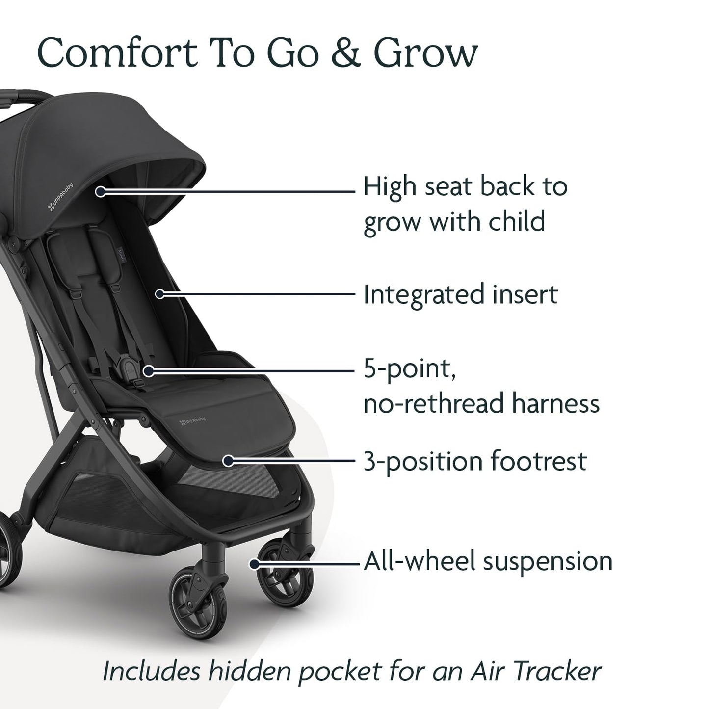 UPPAbaby Minu V3 lightweight travel stroller in greyson with charcoal frame and saddle leather, showing compact fold and modern design.