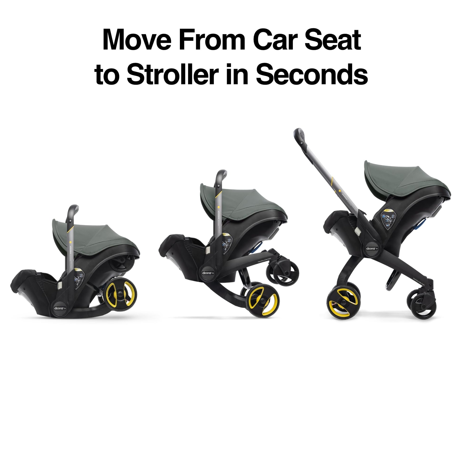 Doona all-in-one car seat and stroller in slate green, compact travel system with adjustable handle and safety features.