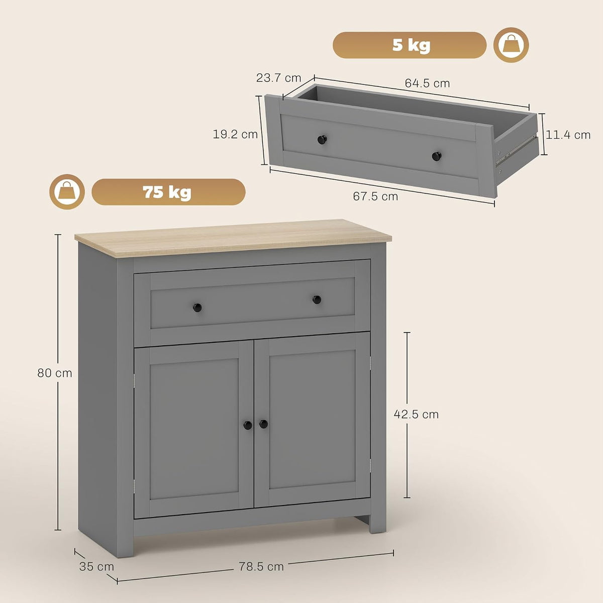 HOMCOM Sideboard Storage Cabinet with Drawer and Double Doors Grey - View 3