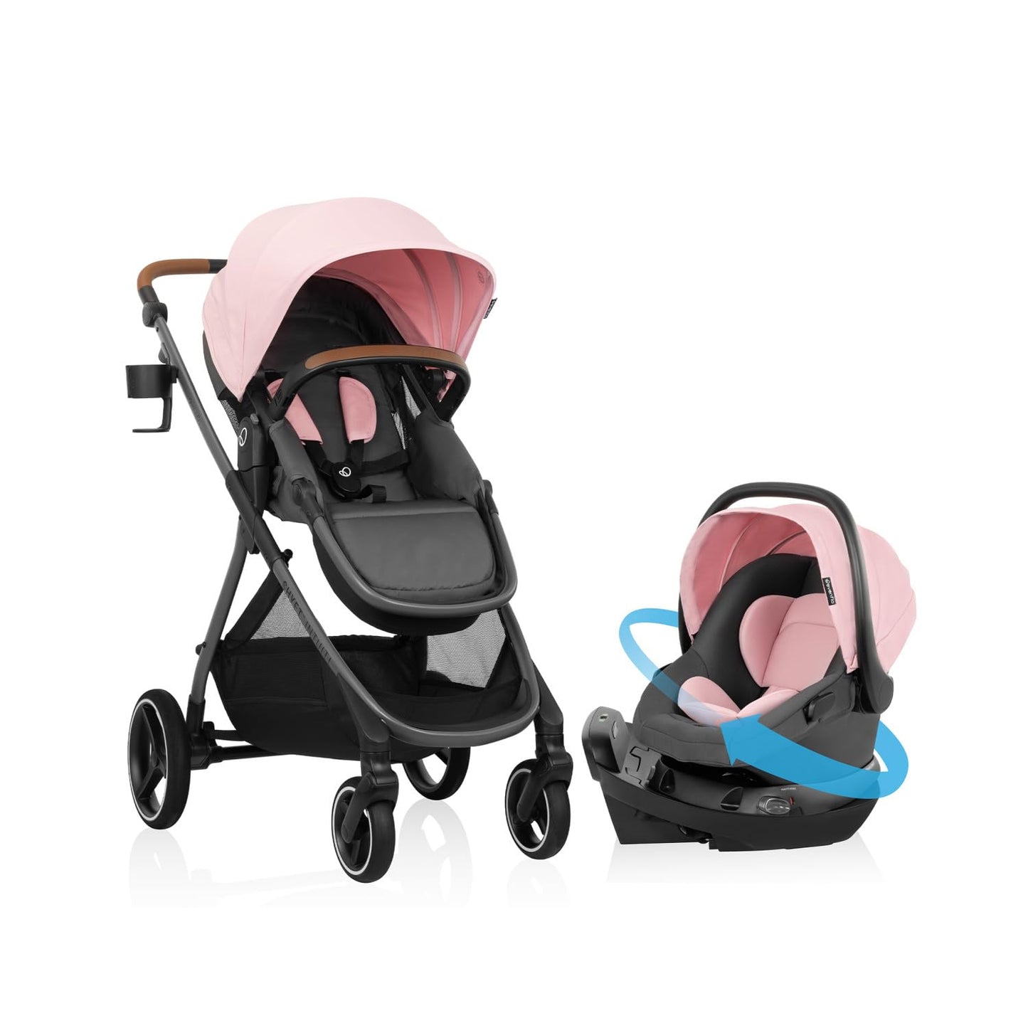 Evenflo Shyft Intuiti travel system with Revolve180 LiteMax NXT infant car seat in Fossil Gray, lightweight rear-facing for preemies and infants